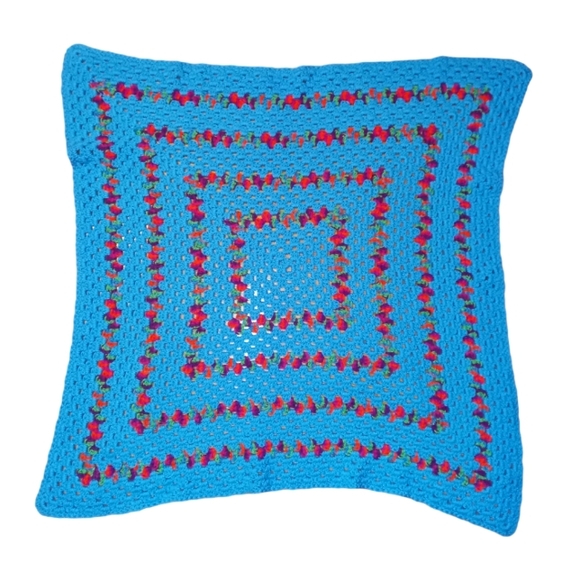 Vintage Handmade Granny Square  Blue Red Pink Crochet Afghan Throw Blanket - Picture 1 of 6